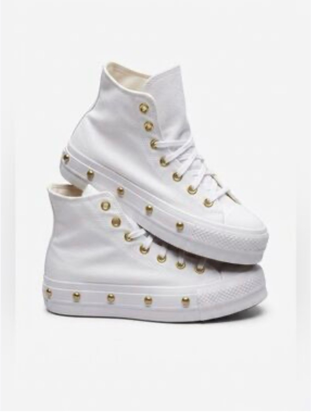 Converse White High Top Platform Sneakers with Gold Eyelets